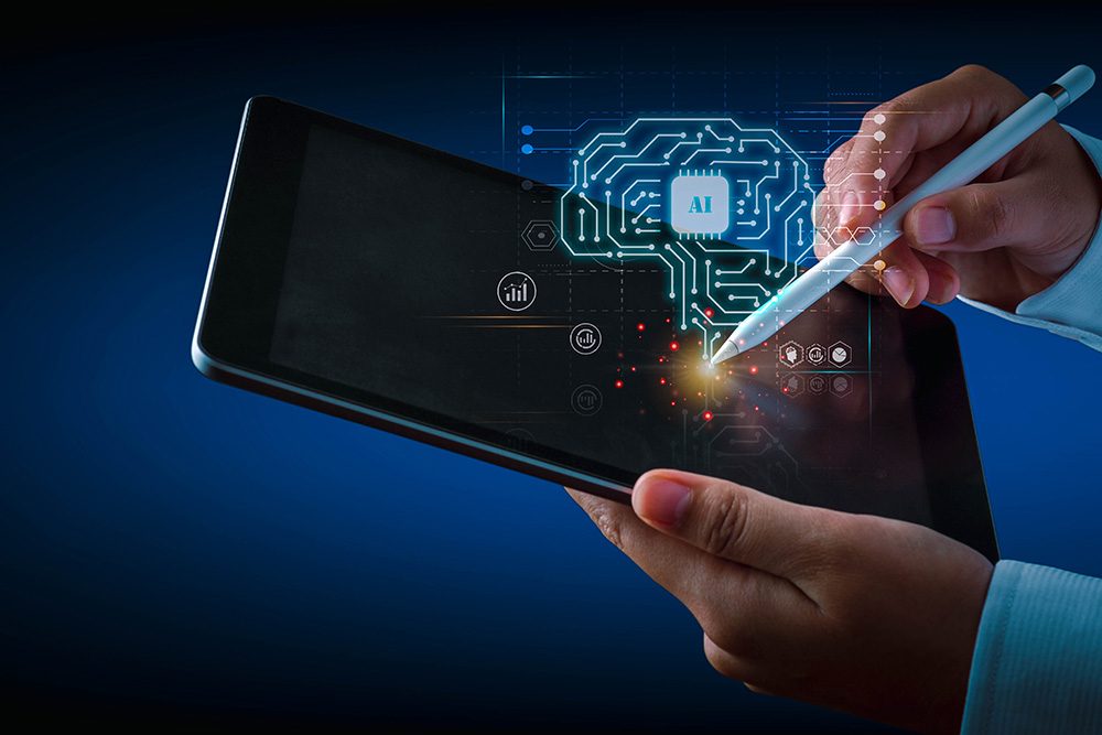 Artificial intelligence of futuristic technology concept. Hand using an electronic pen write on tablet screen virtual circuit AI brain genius technology.