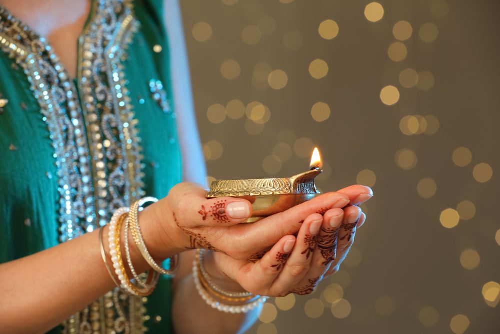 Woman,Holding,Lit,Diya,Lamp,On,Brown,Background,With,Blurred
